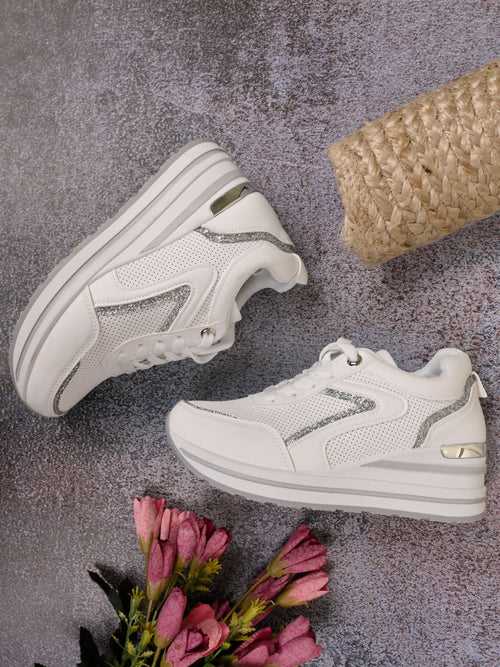 Women White Glitter Wedge Heel Sneakers