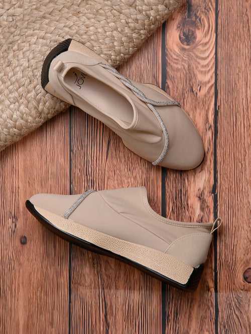 Women Beige Embellished Loafers