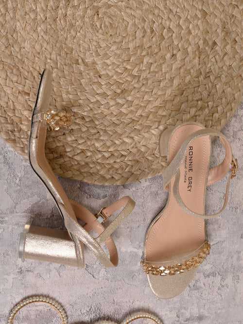 Women Gold Metallic Embellished Sandals