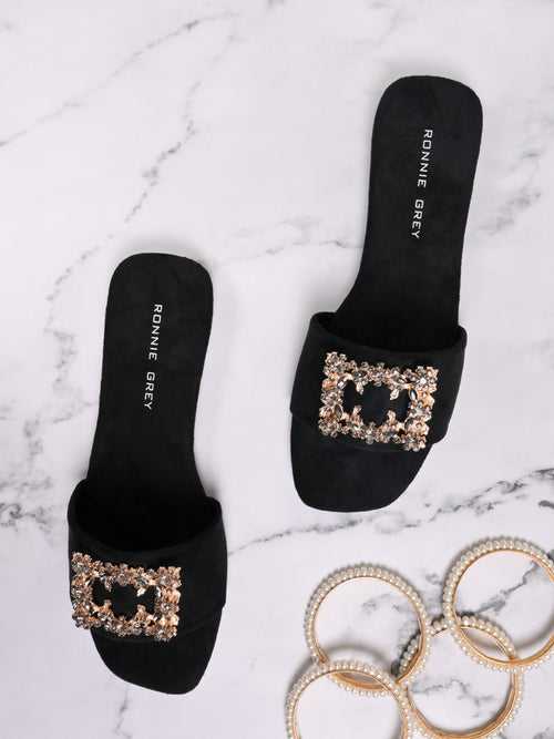 Women Black Embellished Open Toe Flats