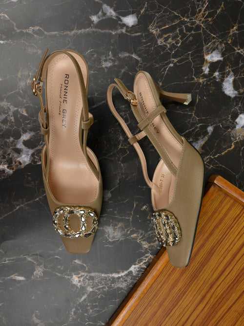 Women Khaki Western Embellished Pumps