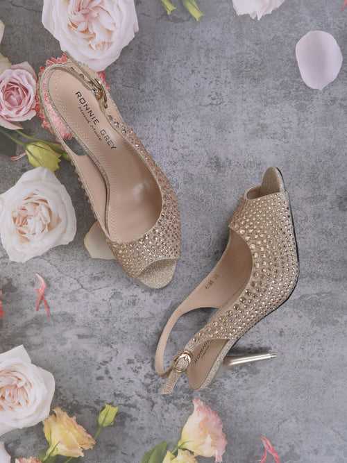 Women Champagne Embellished Peep Toes