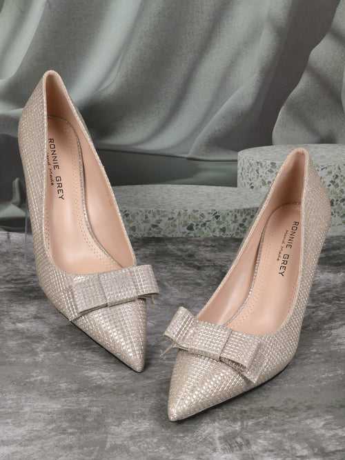 Women Gold checked Bow Pumps