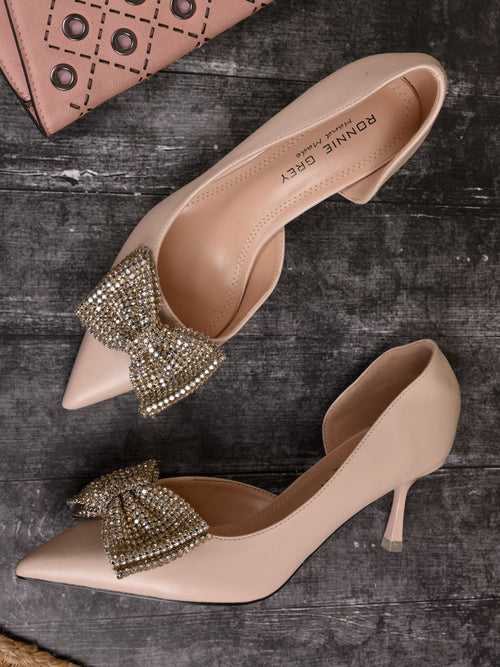 Women Beige Embellished Bow Pumps