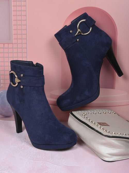 Women Navy Blue Solid Ankle Length Boots