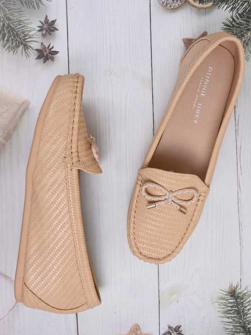 Women Beige Basket Weave Textured Wedge Heel Loafers