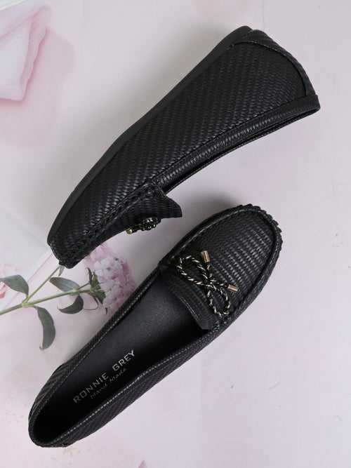 Women Black Basket Weave Textured Wedge Heel Loafers