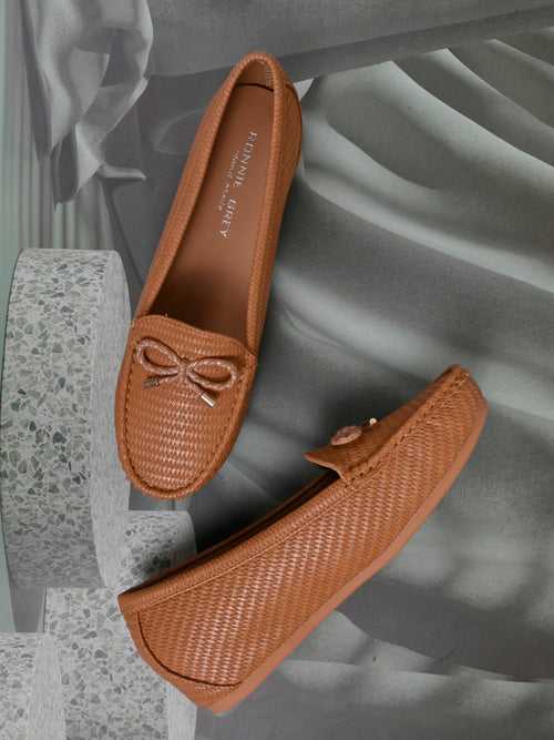 Women Khaki Basket Weave Textured Wedge Heel Loafers