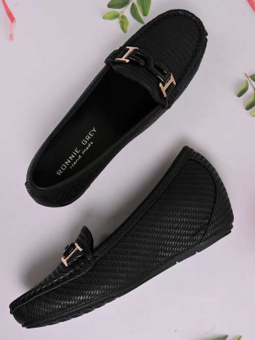 Women Black Basket Weave Textured Wedge Heel Loafers