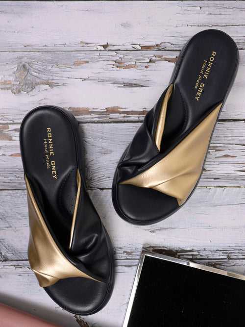 Women Navy & Gold Solid Open Toe Flats