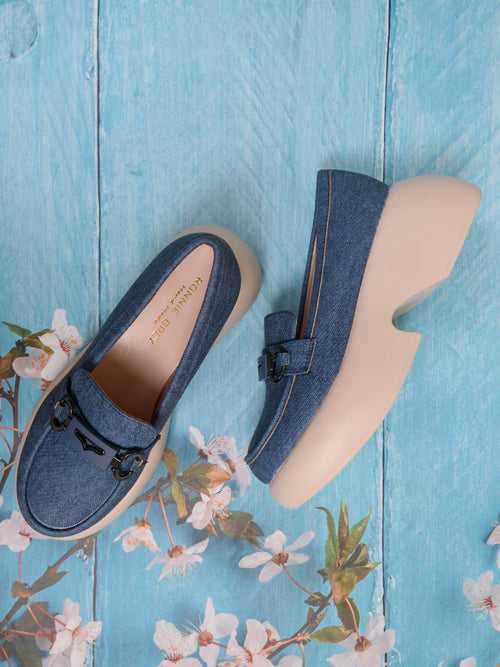 Women Blue Solid Wedge Heel Loafers