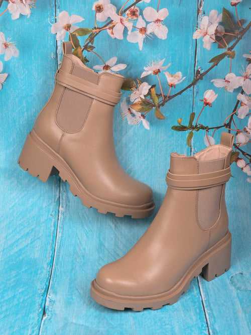 Women Beige Solid Ankle Length Boots