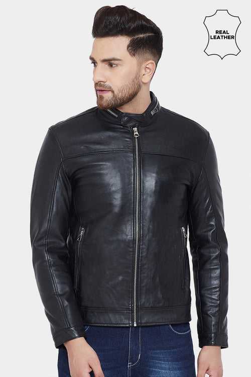 Justanned Zip Around Collar Real Leather Black Jacket