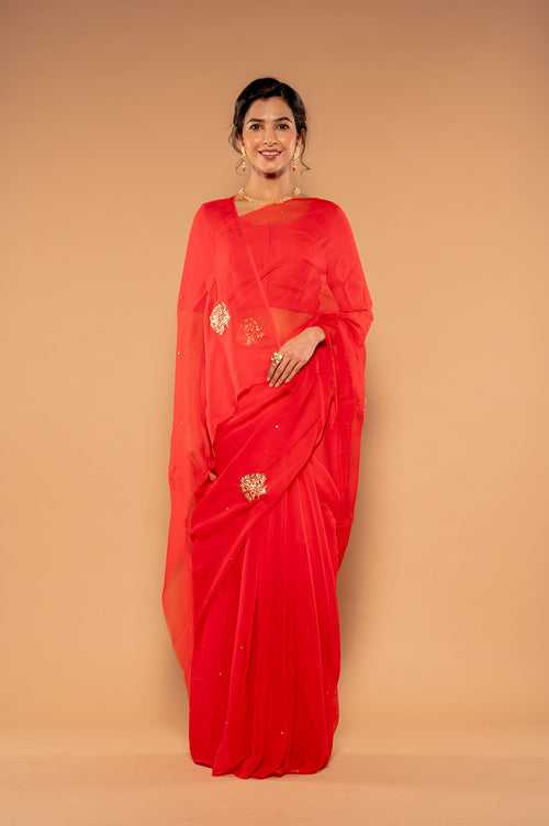 Aari Sequins Red Viscose Chiffon Saree