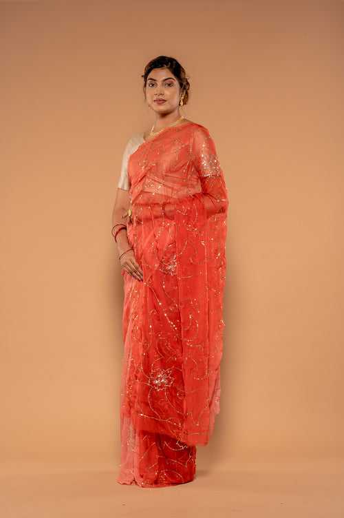 Sequins Rust Orange Saree