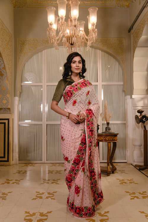 Saree with Siquin Roses Work