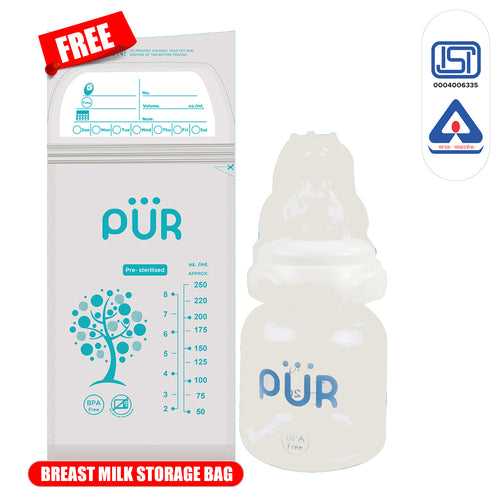 PUR Anti Colic Glass Feeding Bottle with Free Milk Storage Bag (60ml, White)