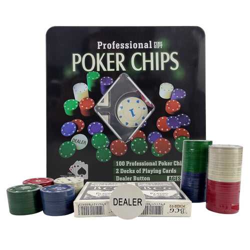 NHR Poker Chip Set with Tin Case: 100 Chips + 2 Decks of Cards