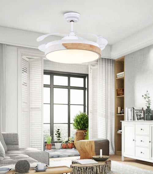 White Wooden Modern Ceiling Fan Chandelier with Remote Control 4 Retractable ABS Blades - Warm White