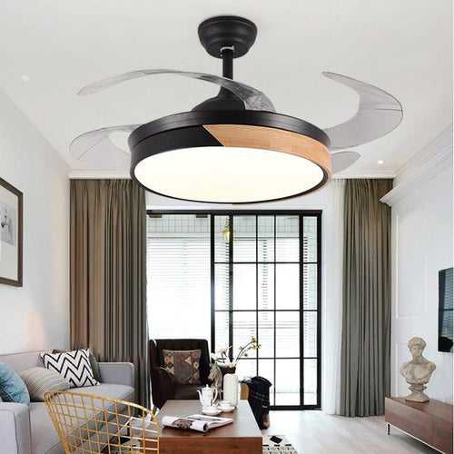 Black Wooden Modern Ceiling Fan Chandelier with Remote Control 4 Retractable ABS Blades - Warm White