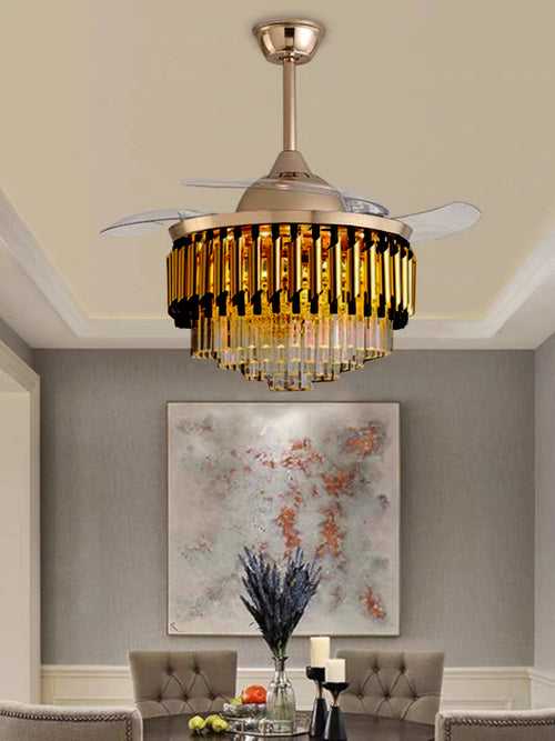 Invisible Coffe Color Ceiling Fan Chandelier with Black Crystal and Remote Control 4 Retractable ABS Blades - Warm White
