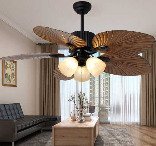 52 INCH WIND WOODEN PALM LEAF CEILING FAN REMOTE CONTROLLED WITH 3 LIGHTS - DARK WOOD