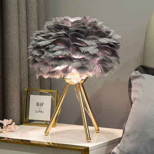 Desk Table Lamp with Grey Feather Shade Gold Base Home and Office Use - Warm White