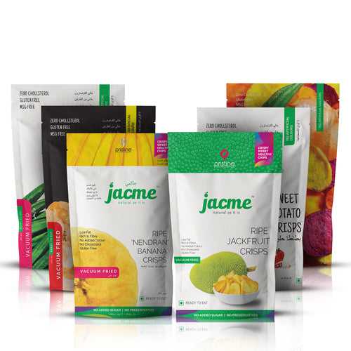 Jacme Delight snack Combo Pack of 6 | Vacuum Cooked - Jackfruit,Banana,Tapioca,Okra,Sweet potato,Avial