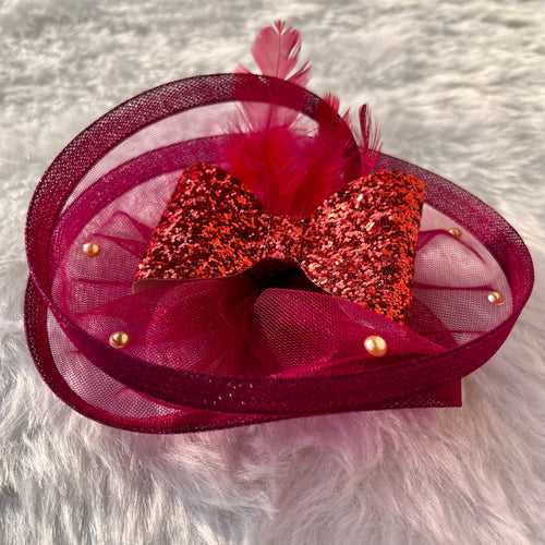 Wine Twisted Feather & Pearls Fascinator