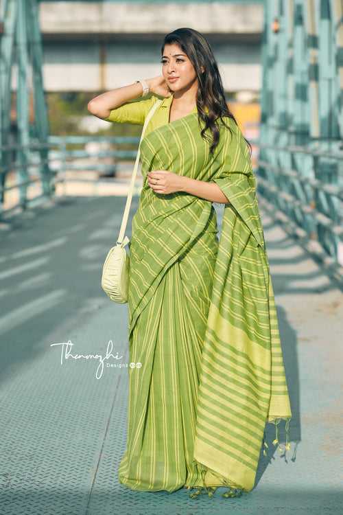 Green Mangalagiri Cotton Stripe Saree