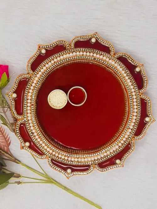 10" inch Maroon Decorative Wooden Pooja Thali