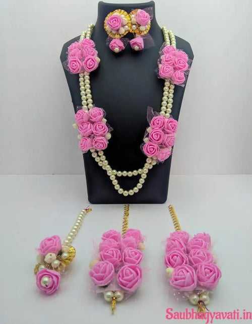 Pink Floral Jewellery Set with Pearl Beads