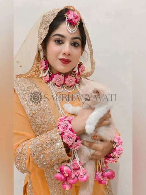 Pink Rose Flower Jewellery Set With Kaleera for Haldi and Wedding