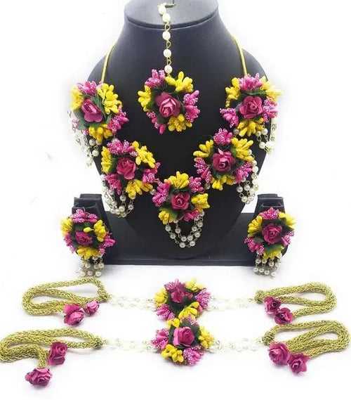 Pink Yellow flower jewellery for haldi/baby shower
