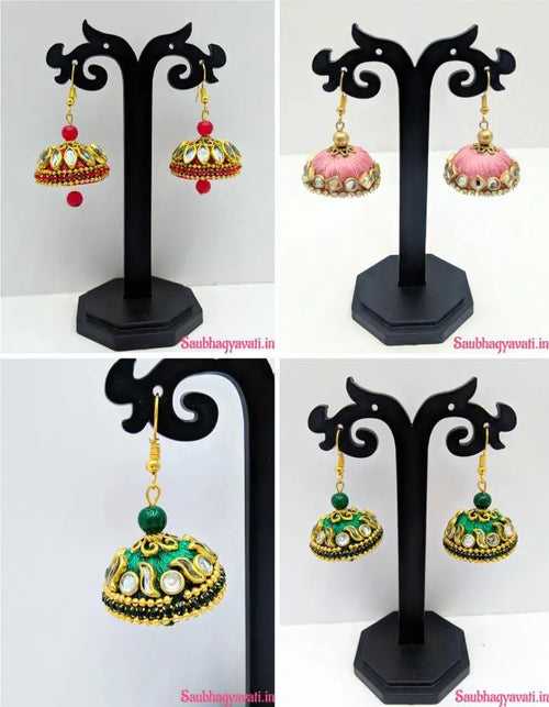 Pink, Green & Red Colour With Silk Thread Earrings Fitted With Golden And Silver Kundan