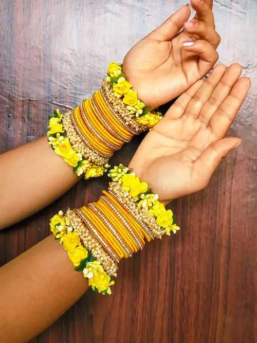 Yellow Silk Thread Flower Bangle Set with Loreal Bangles