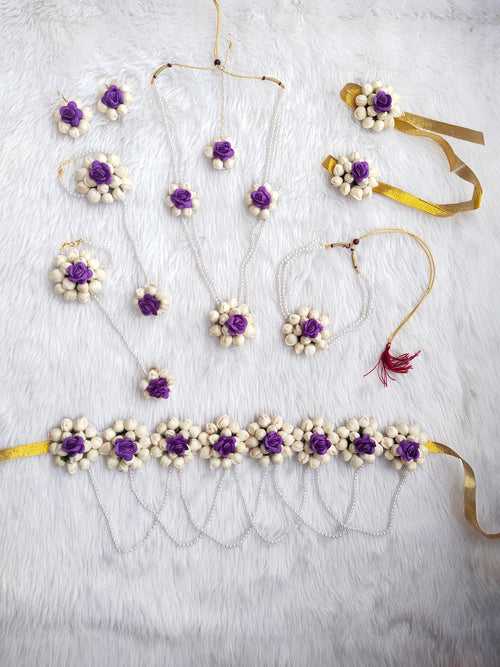 Mogra kali flower jewelry set for baby shower in purple