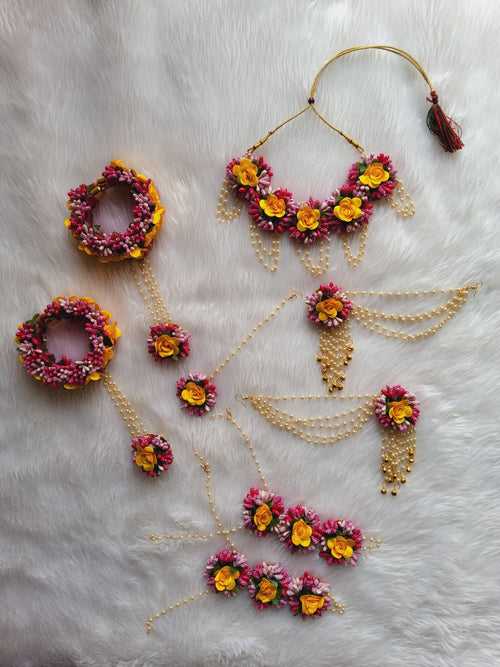 Pink and Yellow Flower Jewellery set for Haldi, Mehndi and Wedding