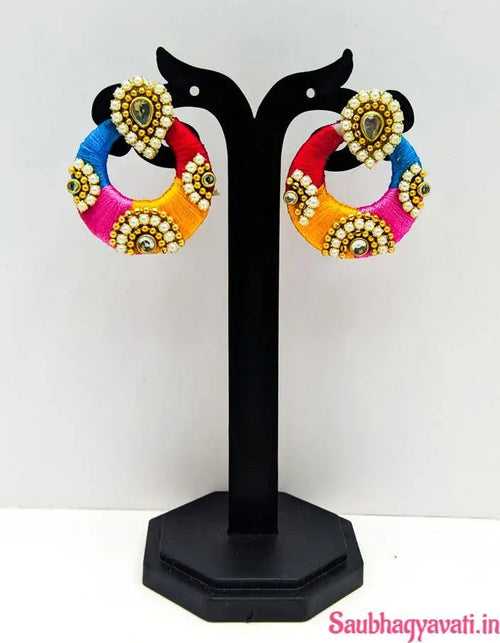 Multicolor Round Silk Thread Earring With Golden Stone Stude