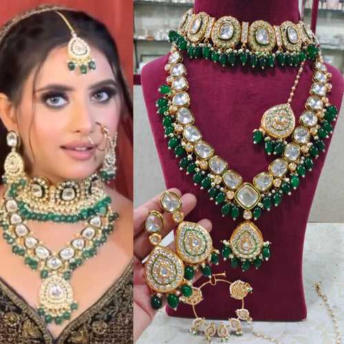 Elegant Golden Green Kundan Semi Bridal Jewelry Set