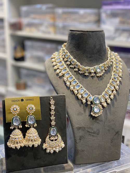 Zevar Kundan Pearl Beaded Choker and Long Combo Necklace in Golden - Exquisite Indian Jewelry