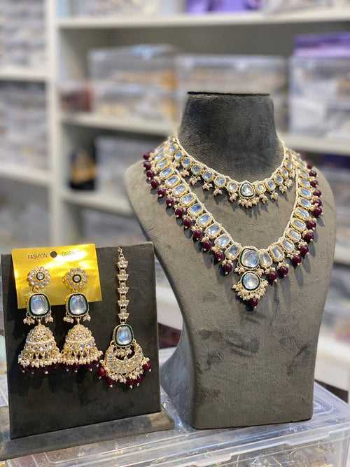 Zevar Kundan Pearl Beaded Choker and Long Combo Necklace in Maroon - Exquisite Indian Jewelry