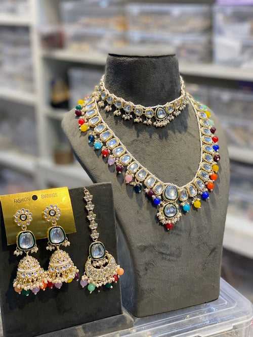 Zevar Kundan Pearl Beaded Choker and Long Combo Necklace in Multicolor - Exquisite Indian Jewelry