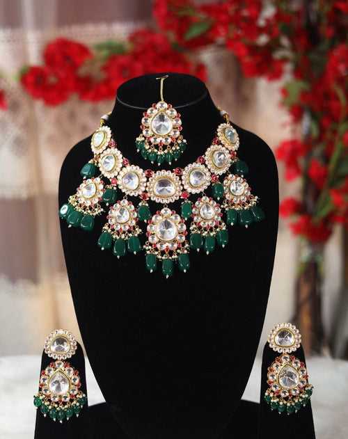 Premium Kundan Necklace Set in Green and Maroon
