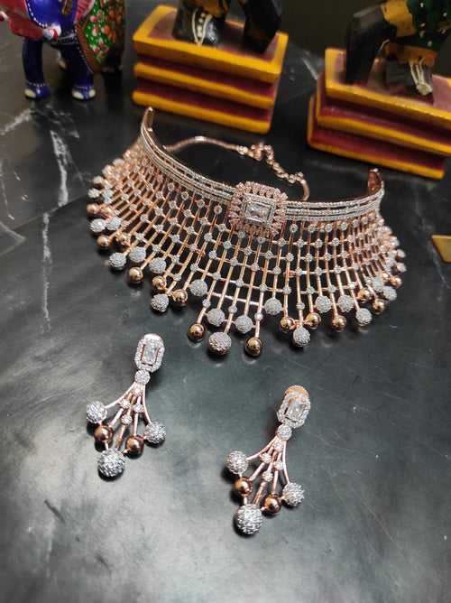ZEVAR | Premium Quality AD Rose Gold & Silver Plated Choker Necklace Sets