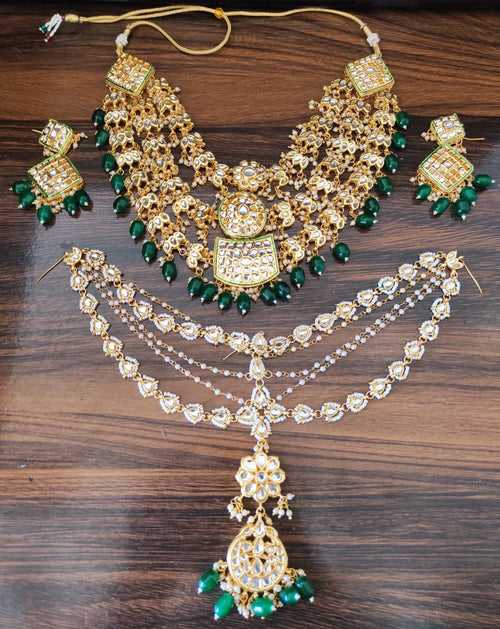 ZEVAR | High Quality Green Kundan Necklace With Matha patti Earring
