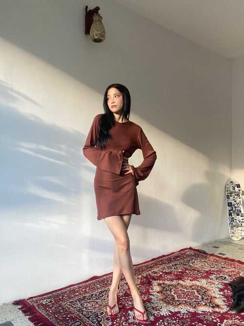 Liza Brown Rib Knit Short Dress