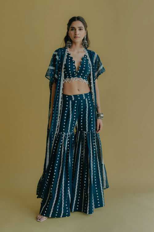 Inaya Royal Blue Embroidered Cotton Cape, Blouse and Sharara Set