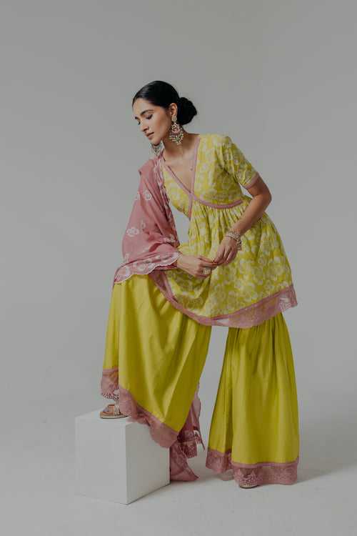 Shireen Green & Pink Embroidered Cotton Kurti, Sharara & Dupatta Set