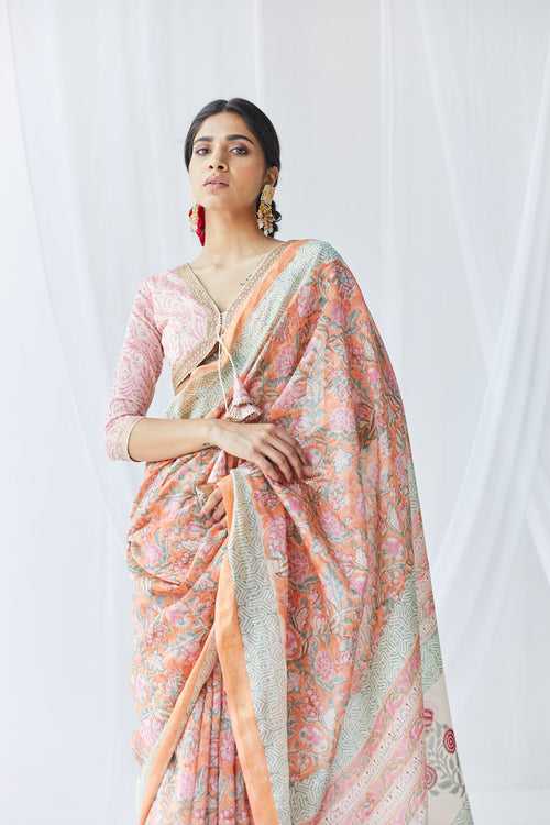 Aria Peach Printed Chanderi Silk Saree